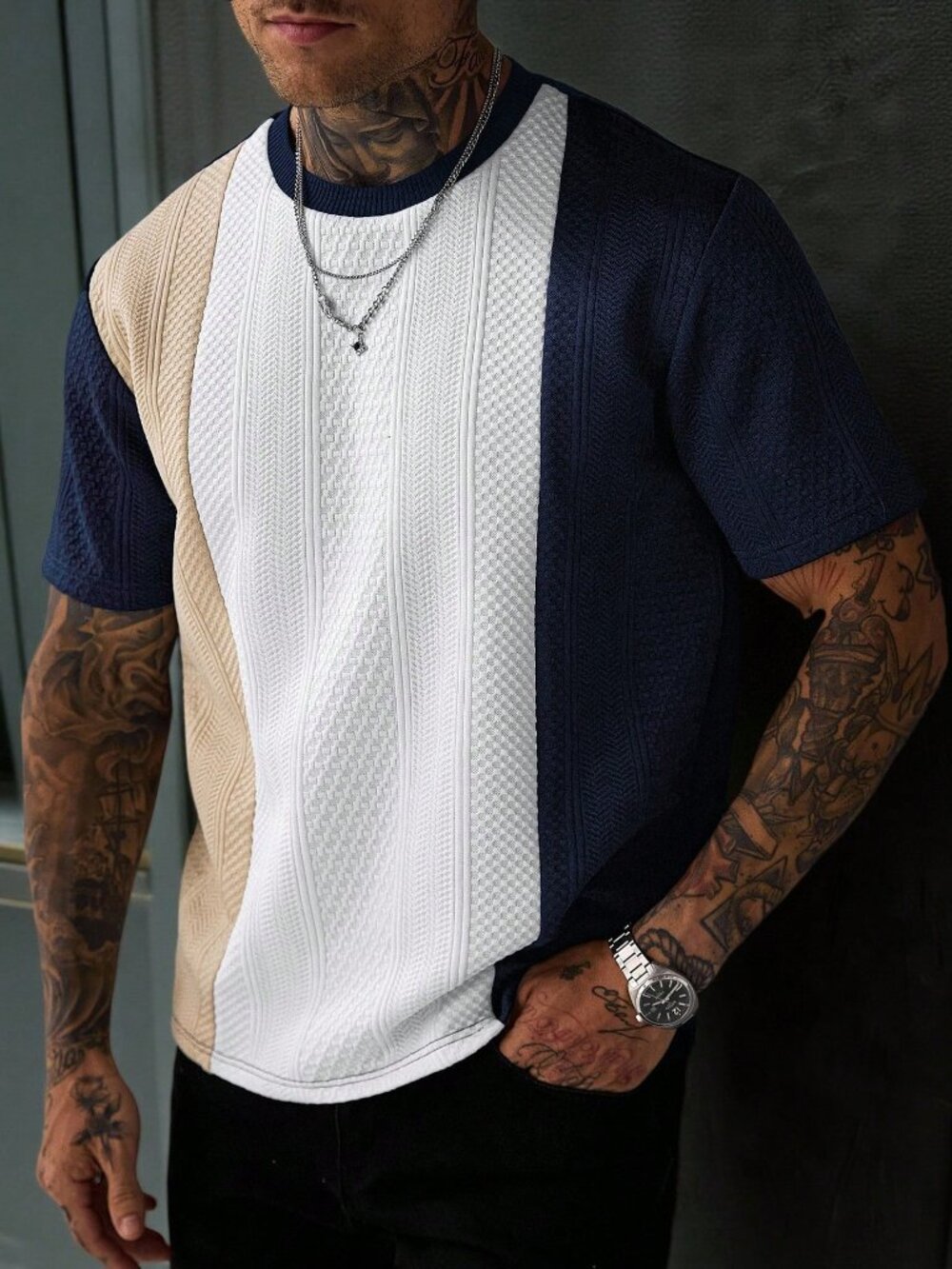 Navy Blue Regular Men's Colorblock Round Neck Summer T-Shirt